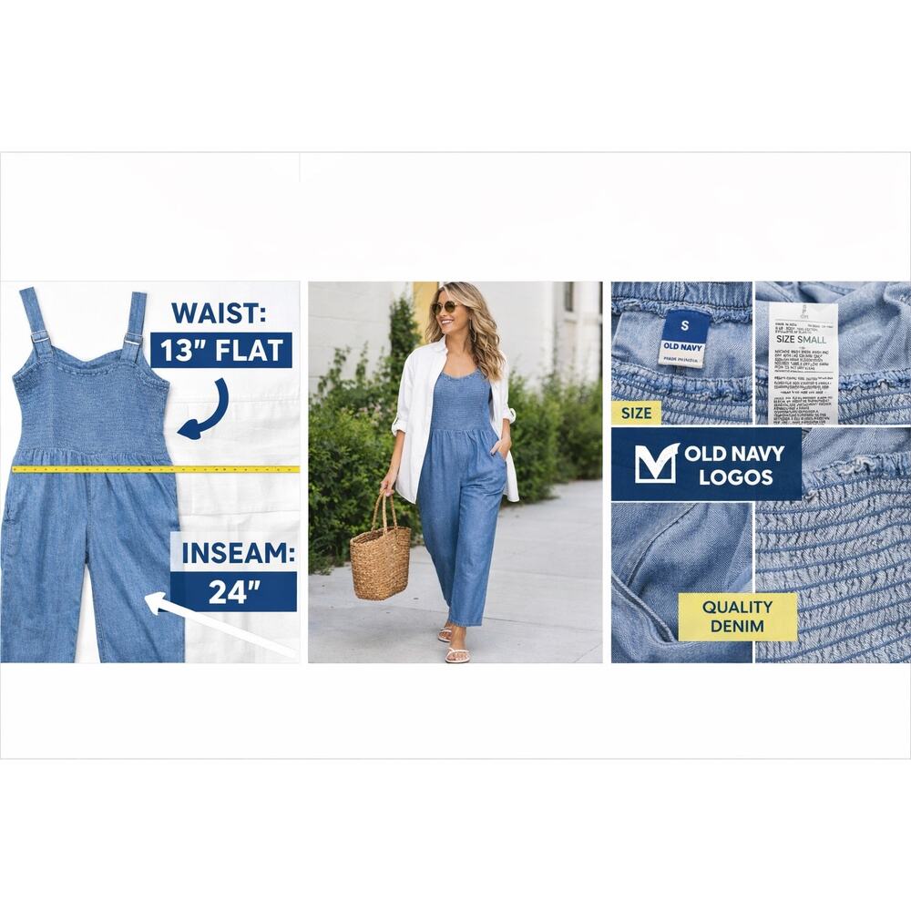 Old‎ Navy Denim Chambray Jumpsuit Small Smocked Bodice Wide Leg Coastal Cowgirl